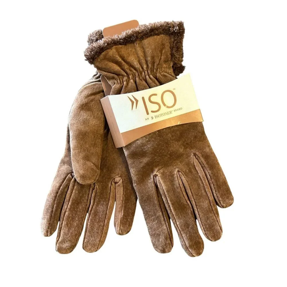 NEW Isotopes Brown Leather Suede Gloves with Fur Trim